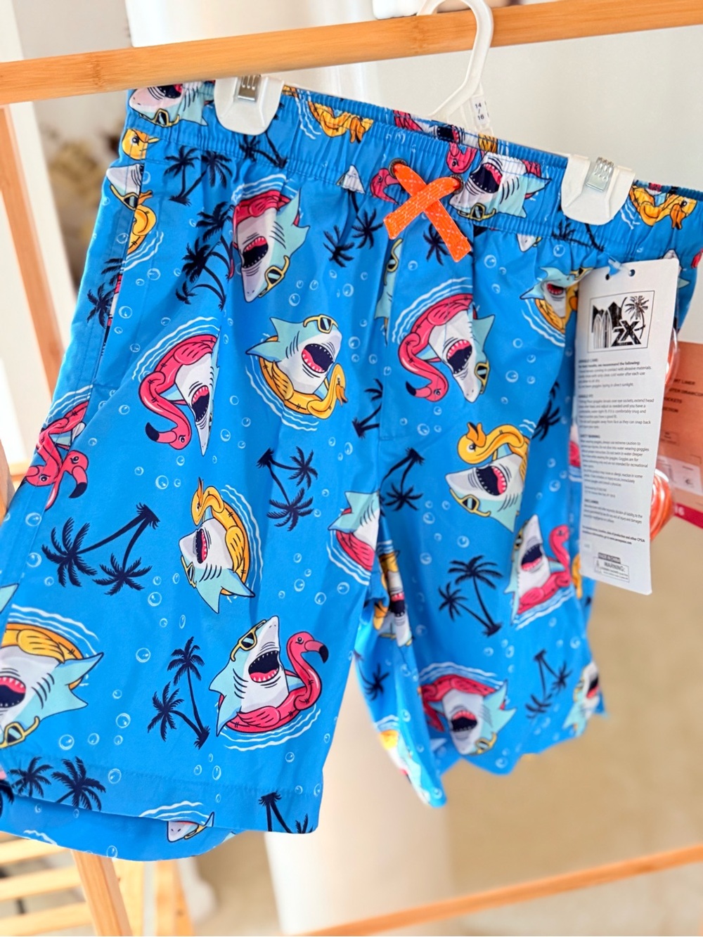 ZeroXposur Blue Shark & Flamingo Swim Pajama Shorts with Orange Bow